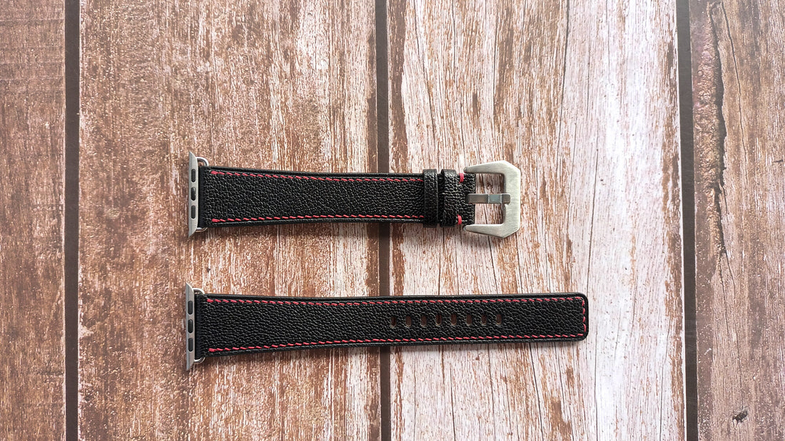 Black Chevre "Caviar" Goat Leather Strap For Apple Watch Series 7