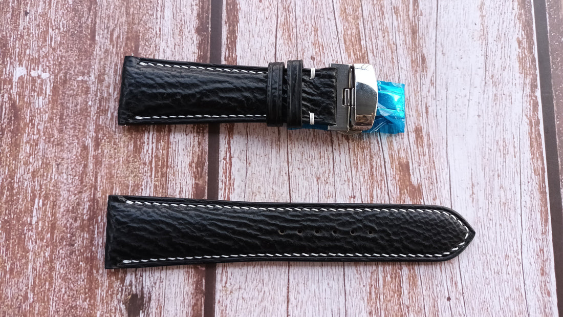 Black Full Grain Shark Skin Leather Strap For STOWA Sport 43 Watch