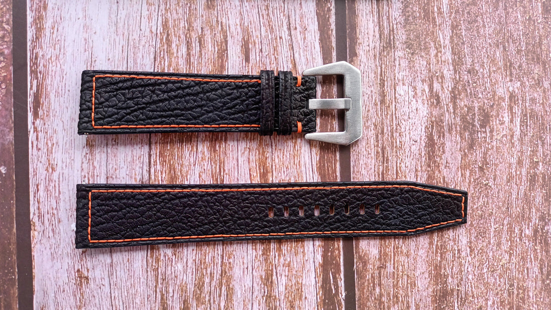Black Full Grain Shark Skin Leather Strap For Armand Nicolet Chonograph Watch
