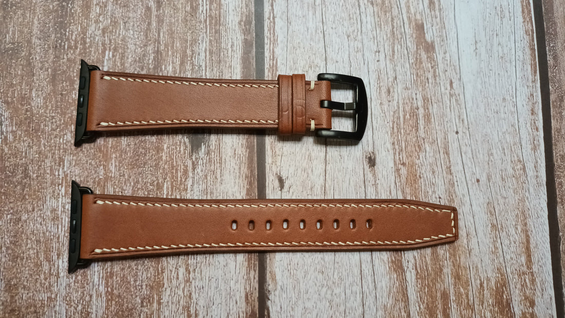 Brown Italian Veg Tanned Buttero Leather Strap For Apple watch series 7, 45mm Watch