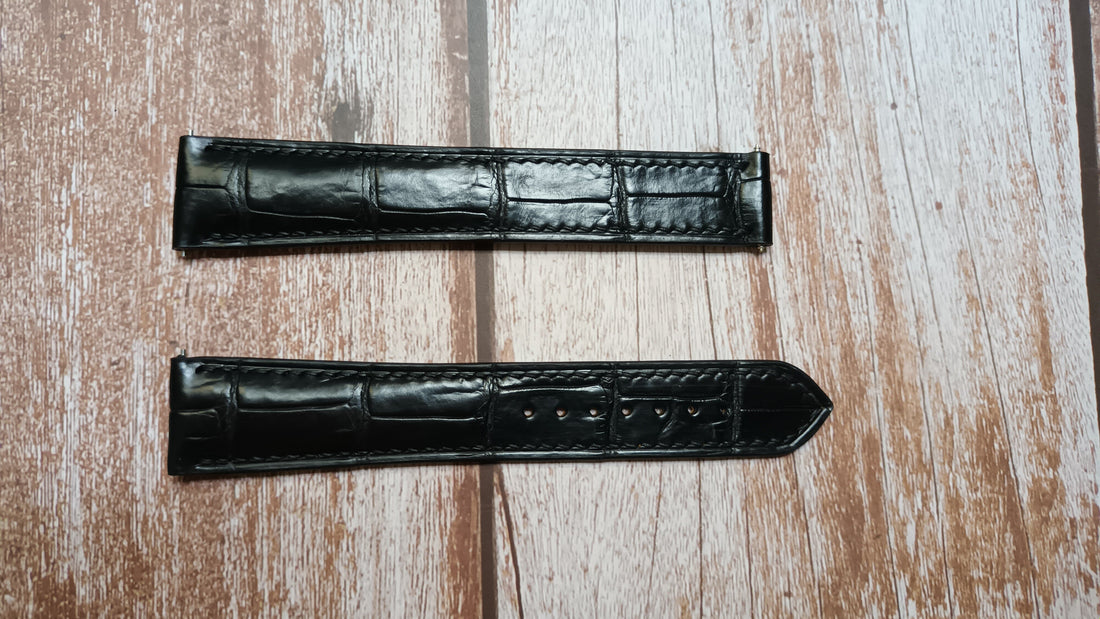 Black Full Grain Crocodile Leather Strap For Omega De Ville Chronograph with Deployyment Clasp Watch