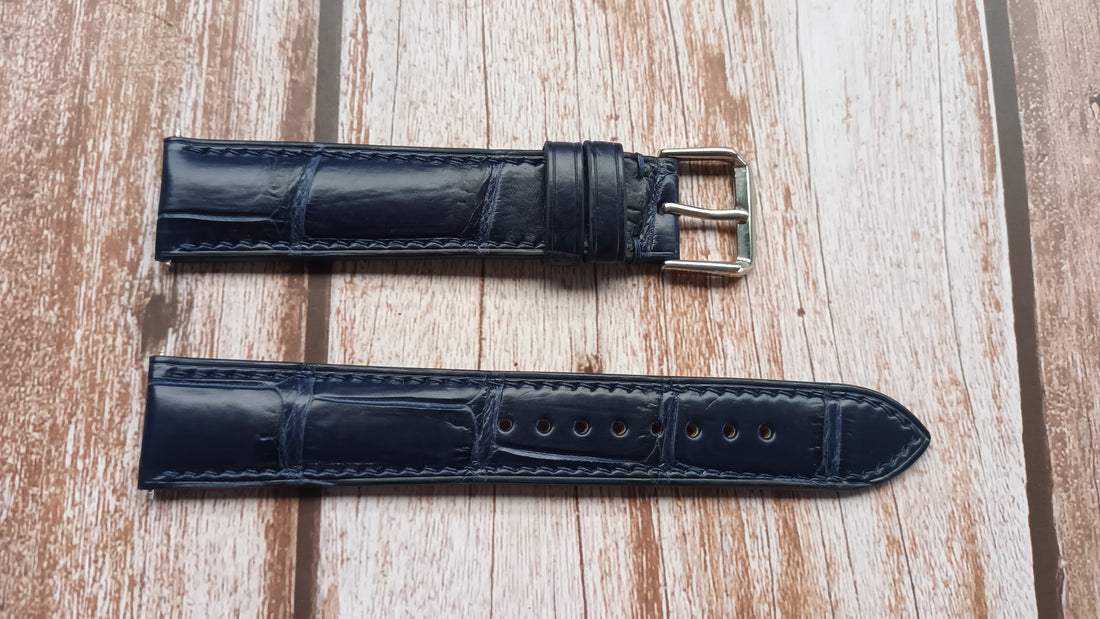 Dark Blue Full Grain Crocodile Leather Strap For Anordain Large Watch