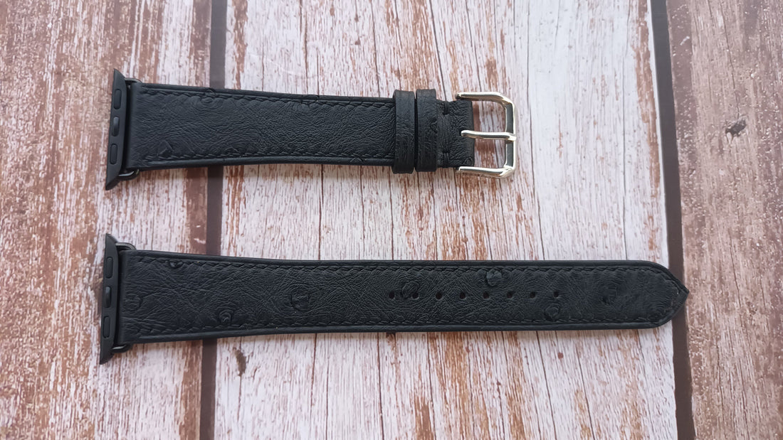 Black Full Grain Ostrich Leather Strap Apple Watch Series 0 - 3 (38mm)