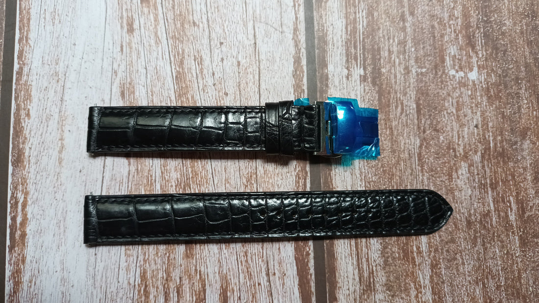 Black Full Grain Crocodile Leather Strap For Round 1960s Gold Omega Seamaster Watch