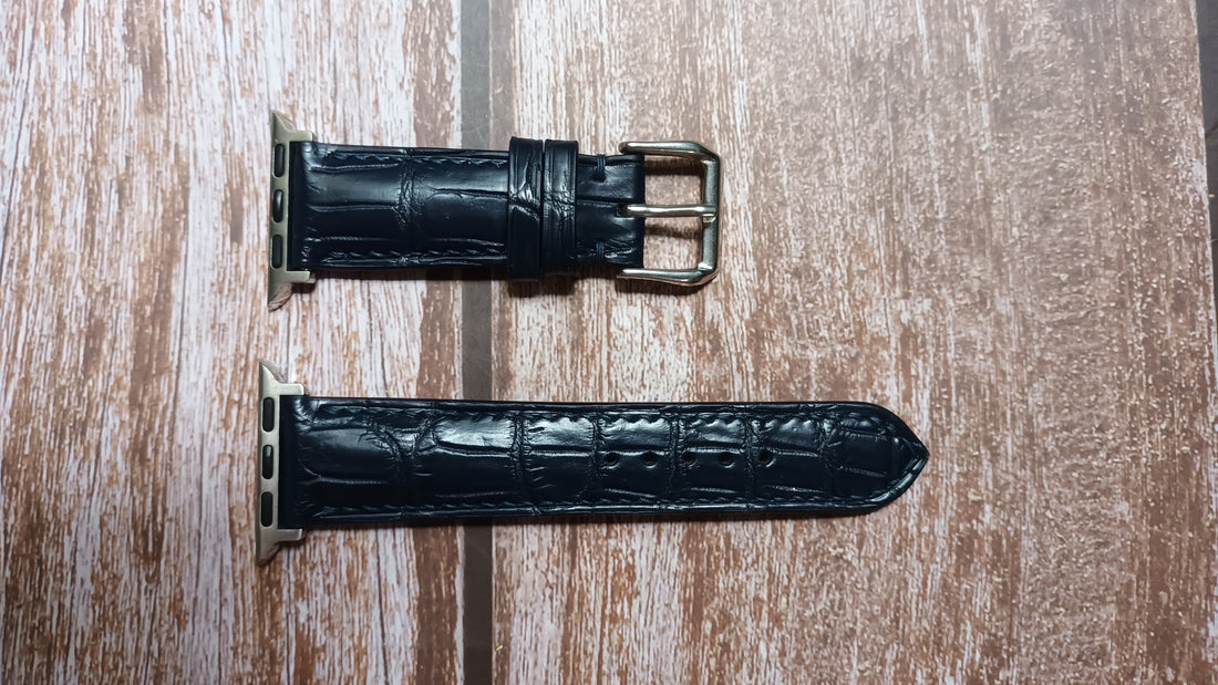 Dark Blue Full Grain Crocodile Leather Strap For Apple Watch Series 7 (41mm)
