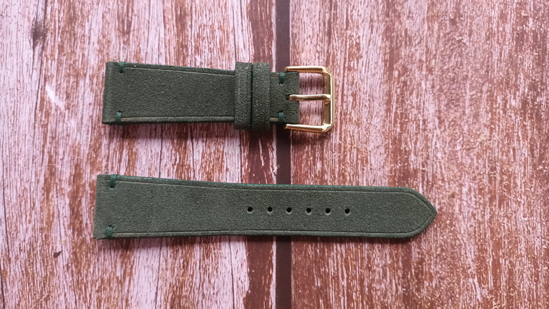 Green Suede Leather Strap For Seiko twin quartz (70s/80s, gold) Watch