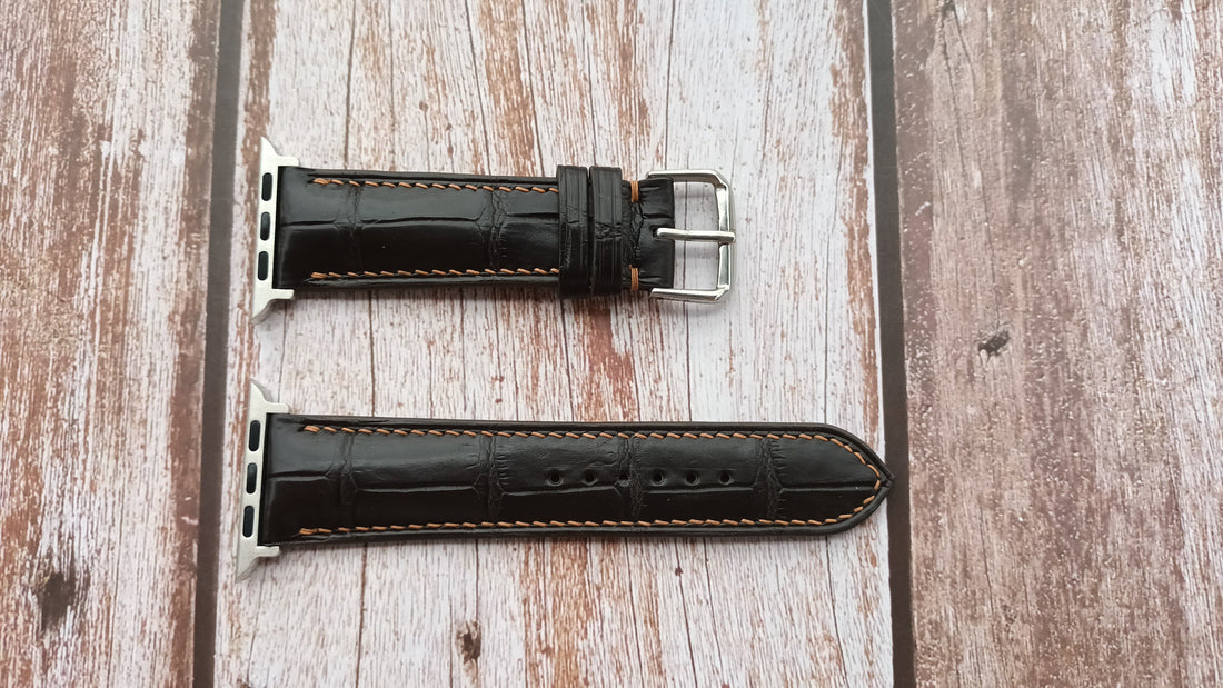 Brown Full Grain Crocodile Leather Strap For Apple Watch SE (44mm)