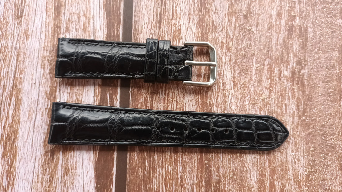 Black Full Grain Crocodile Leather Strap For Tiffany & Co 25-044 Stainless Steel Case Watch