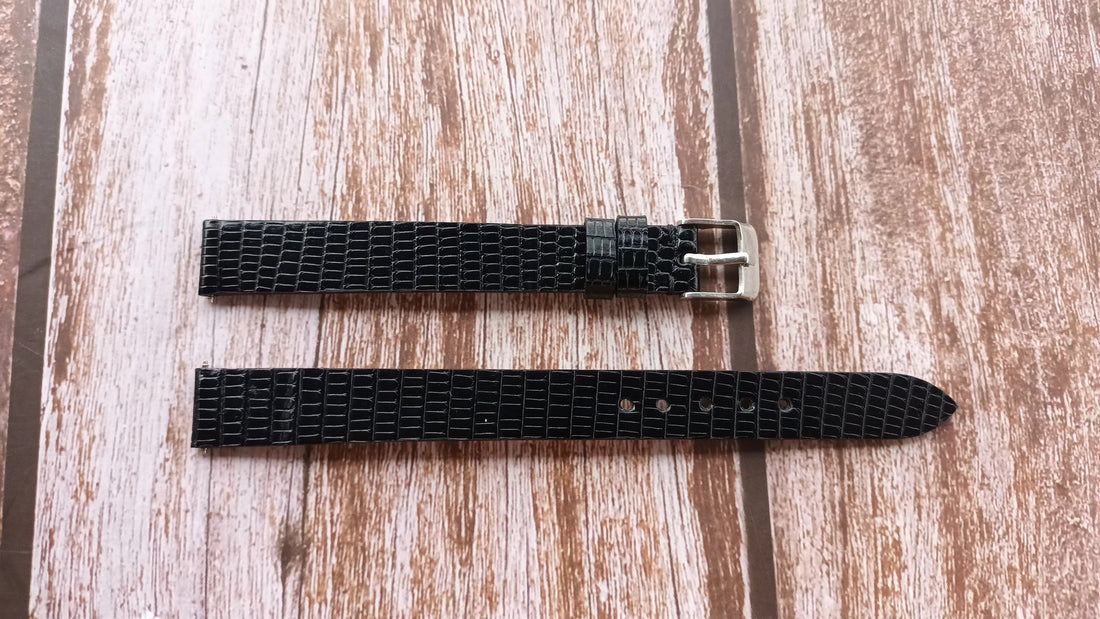 Black Full Grain Lizard Leather Strap For Seiko Stainless Steel Tank SWR053 Watch