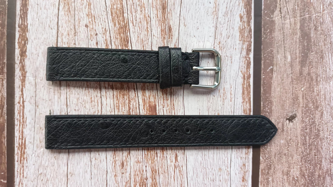 Black Full Grain Ostrich Leather Strap For Hamilton formed cushion, circa 1928 Watch
