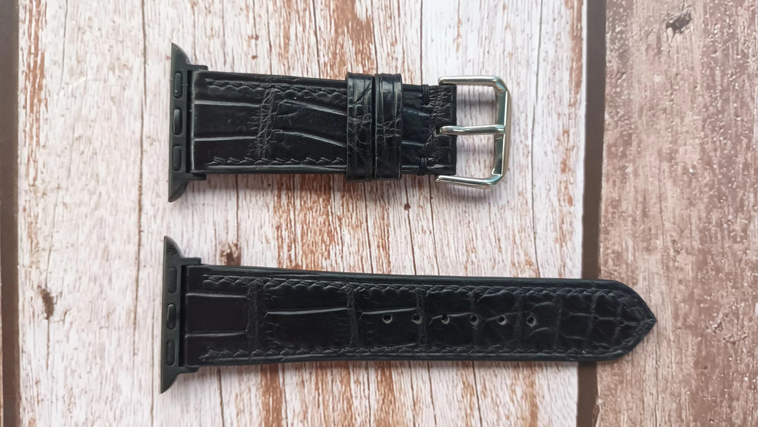 Black Full Grain Crocodile Leather Strap For Apple Watch Series 7 (41mm)