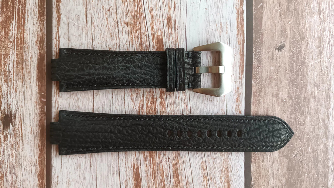 Black Shark Skin Custom Notched Strap For Jacques Lemans Multifunction Black Dial Watch