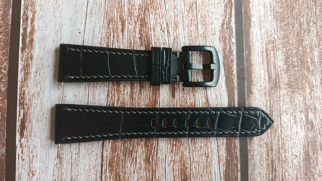 Black Full Grain Crocodile Leather Strap For Zenith Captain Dual Time Watch
