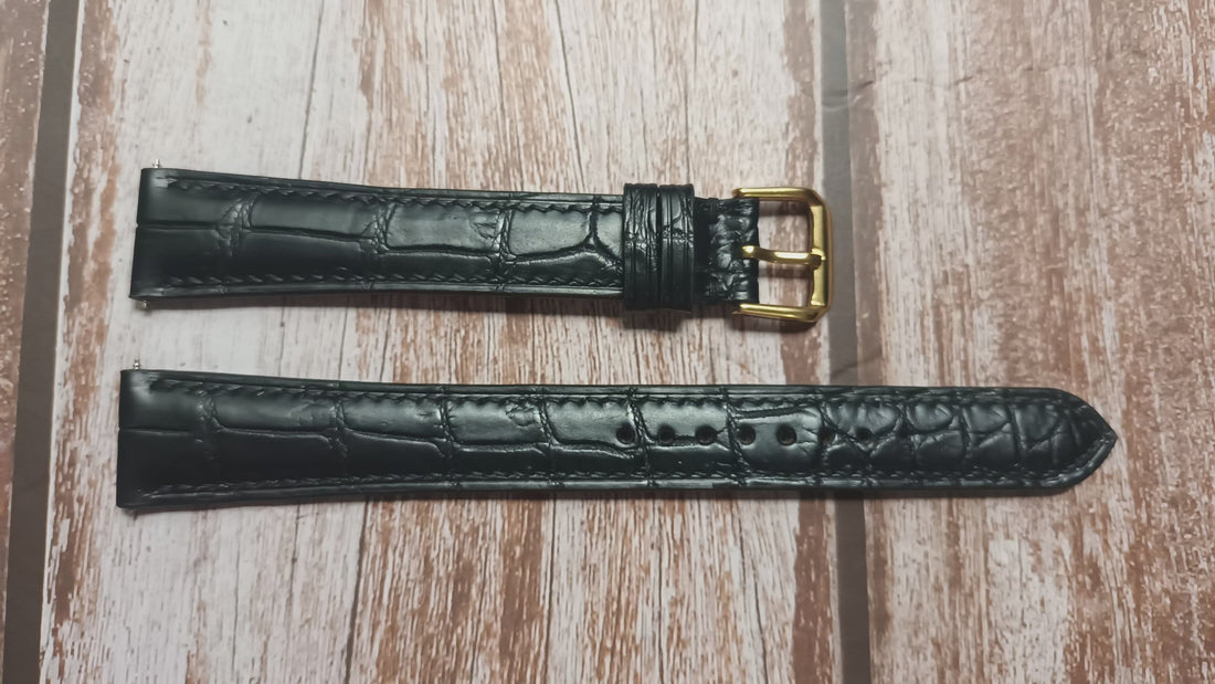 Black Full Grain Crocodile Leather Strap For Baume & Mercier Tank, Gloss black croc. Watch