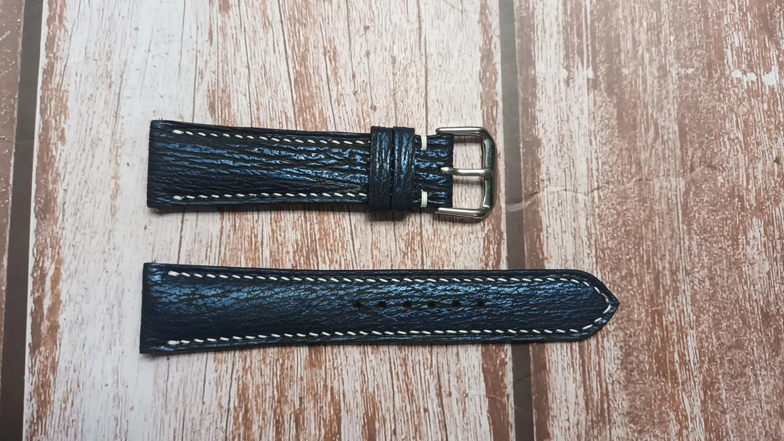 Blue Full Grain Shark Skin Leather Strap For Longines Hydroquest 41mm Watch