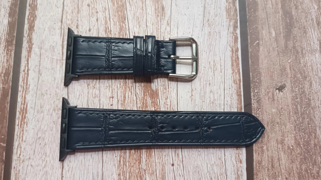 Dark Blue Full Grain Crocodile Leather Strap For Apple Watch Series 7 (41mm)