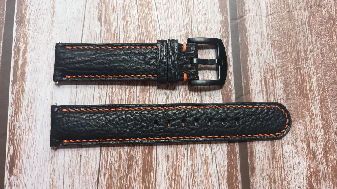 Black Full Grain Shark Skin Leather Strap For Omega Seamaster Watch