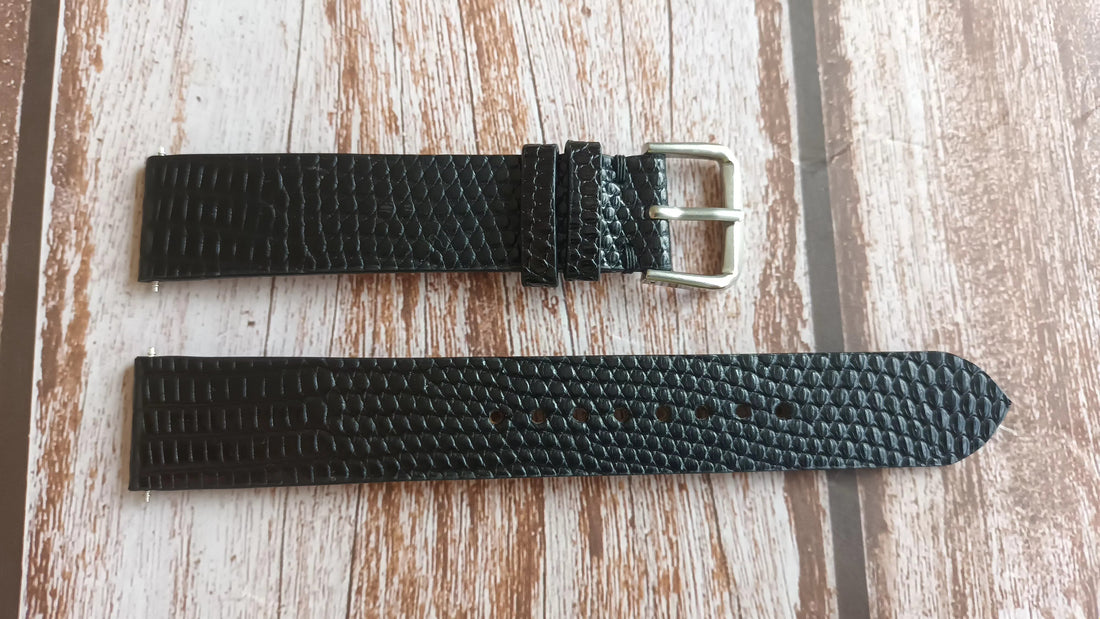 Black Full Grain Lizard Leather Strap For 70s Rolex stainless Oyster DateJust Watch