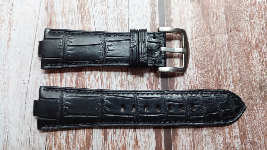 Black Crocodile Leather Custom Notched Strap For Omega 1970s Geneve Watch