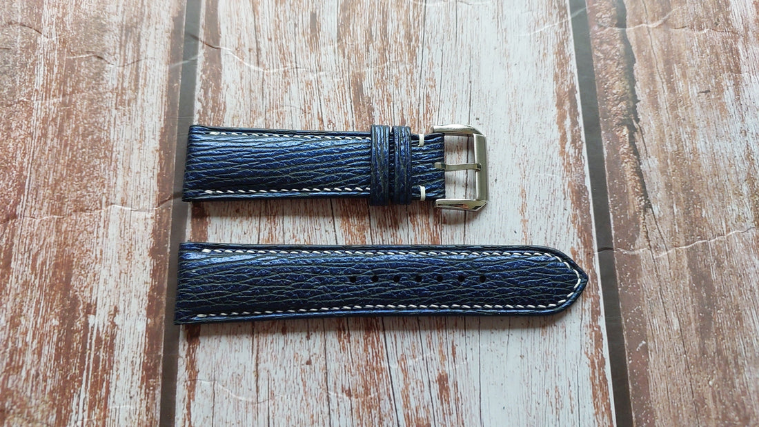 Blue Full Grain Shark Skin Leather Strap For Glycine Combat Bronze Watch