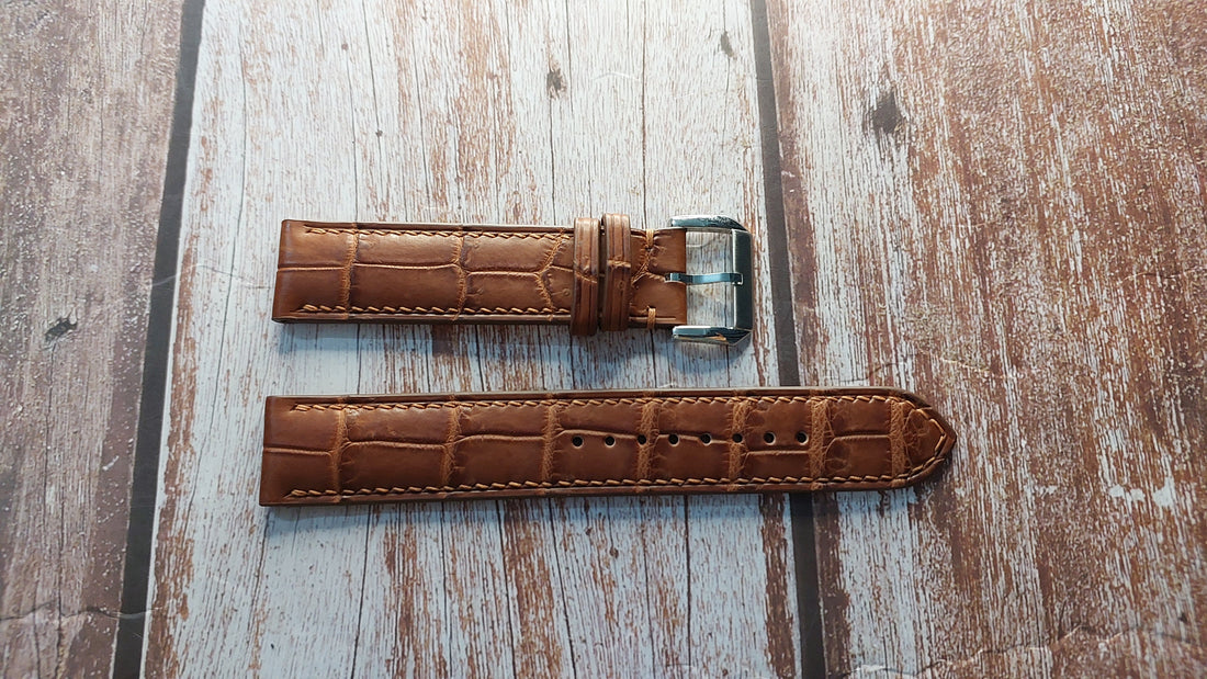 Deep Oak Full Grain Crocodile Leather Strap For Private Label Yellow Gold Watch With Green Dial