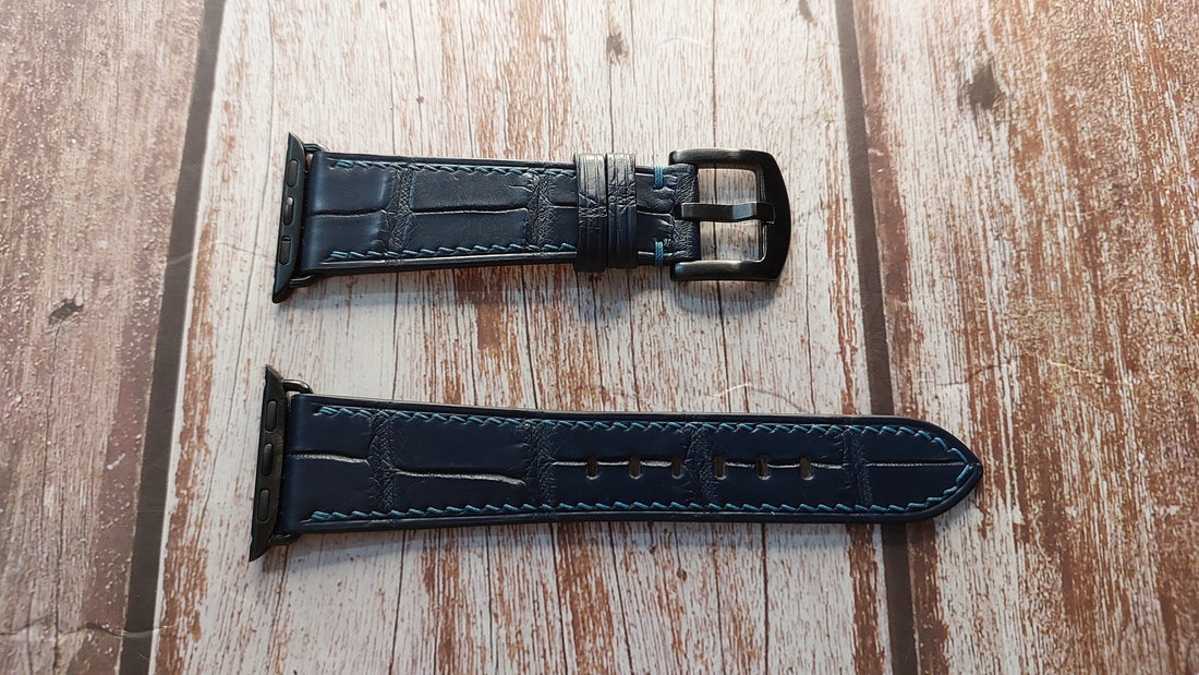 Dark Blue Full Grain Crocodile Leather Strap For Apple Watch Series 0 - 3 (38mm)