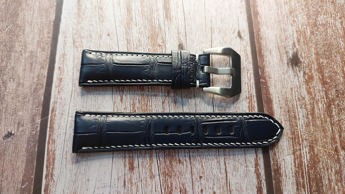 Dark Blue Full Grain Crocodile Leather Strap For Panerai Luminor Due Watch