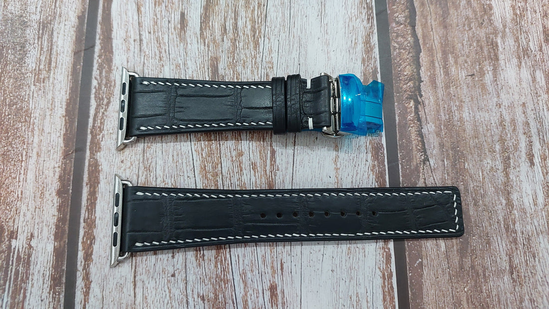 Black Full Grain Crocodile Leather Strap For Apple Watch Series 7 (45mm)