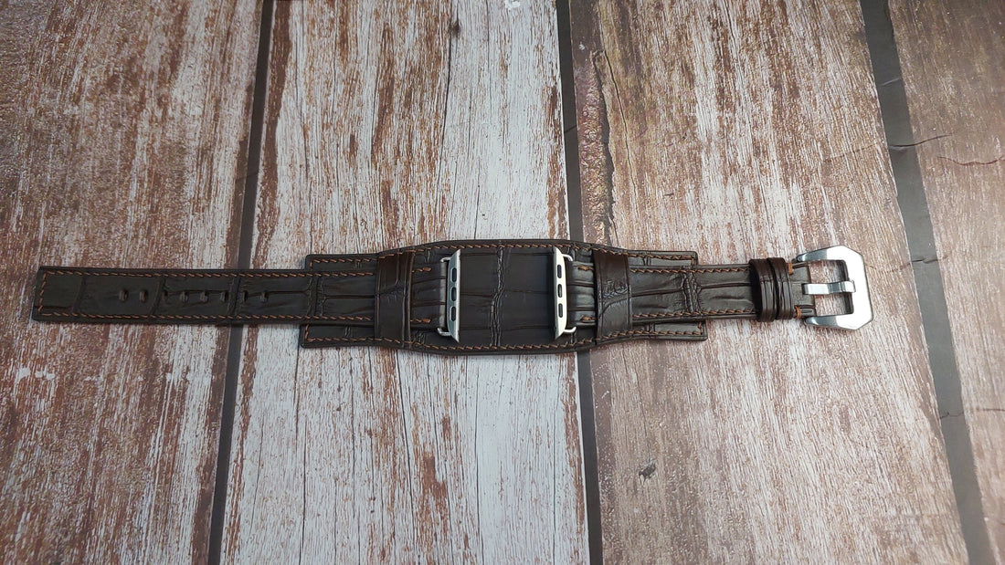 Brown Full Grain Crocodile Leather Strap For Apple Watch Series 7 (45mm)