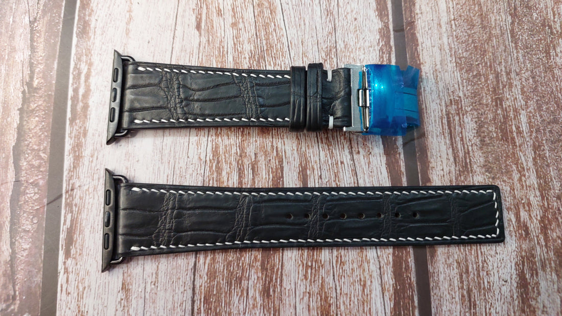 Black Full Grain Crocodile Leather Strap For Apple Watch Series 8 (45mm)