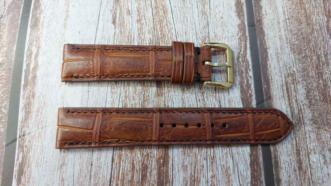 Deep Oak Full Grain Crocodile Leather Strap For Tiffany Round Gold Mark Watch - Men's