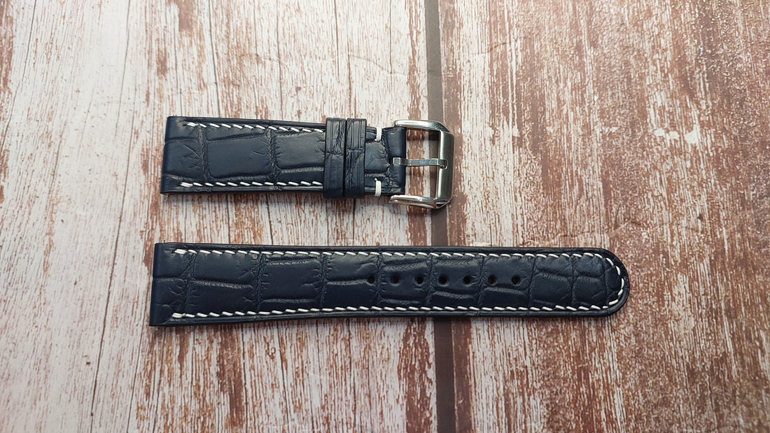 Dark Blue Full Grain Crocodile Leather Strap For IWC chronograph Watch