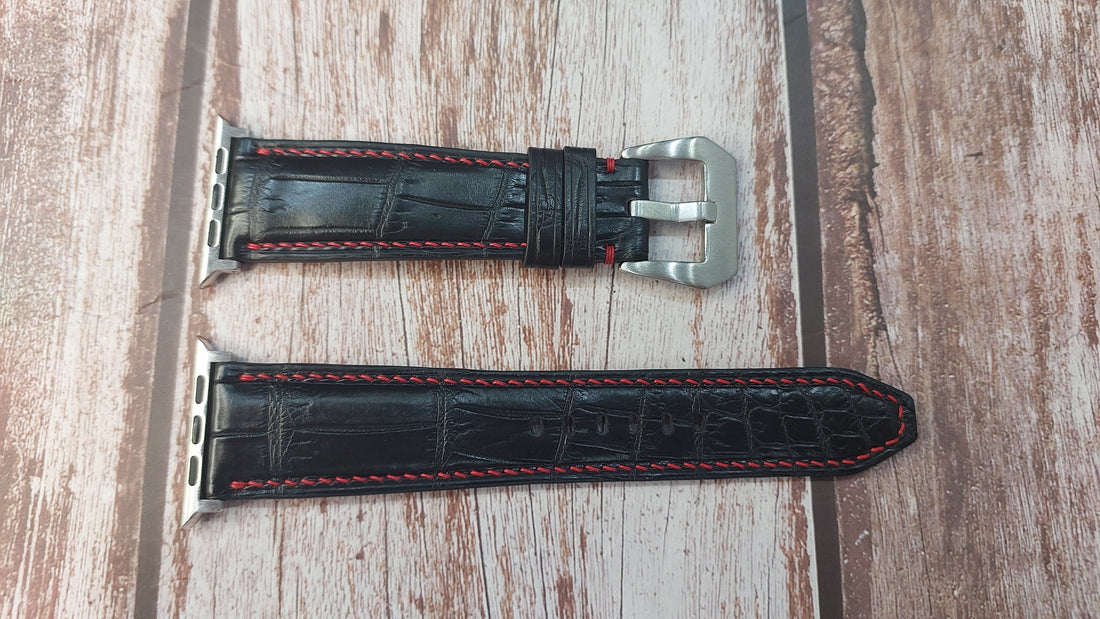 Black Full Grain Crocodile Leather Strap For Apple Watch Ultra (49mm)