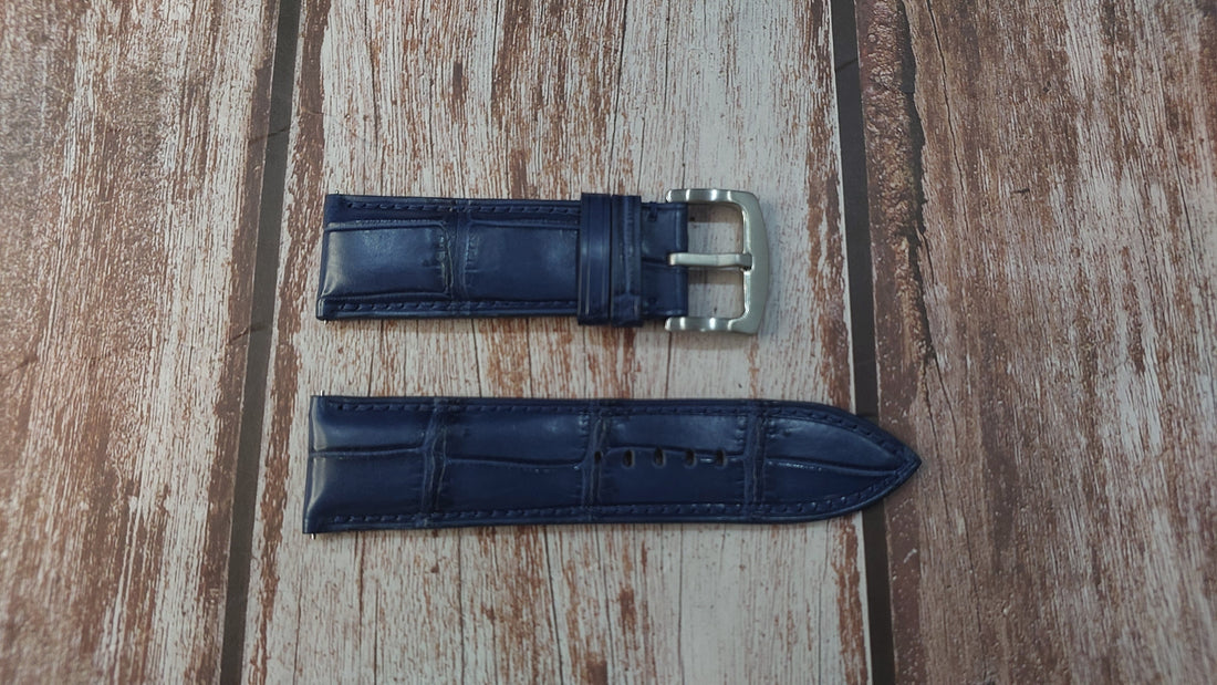 Dark Blue Full Grain Crocodile Leather Strap For Persepolis Quartz Triple Time Black & Yellow Gold Watch