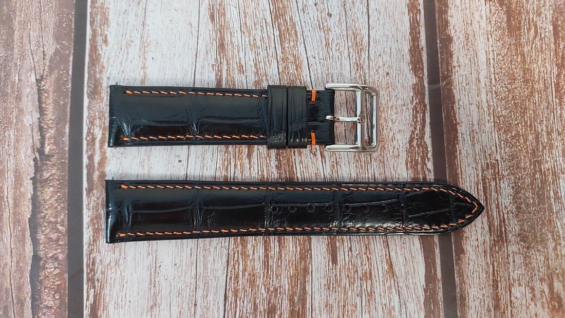 Black Full Grain Crocodile Leather Strap For 38mm Polerouter Watch