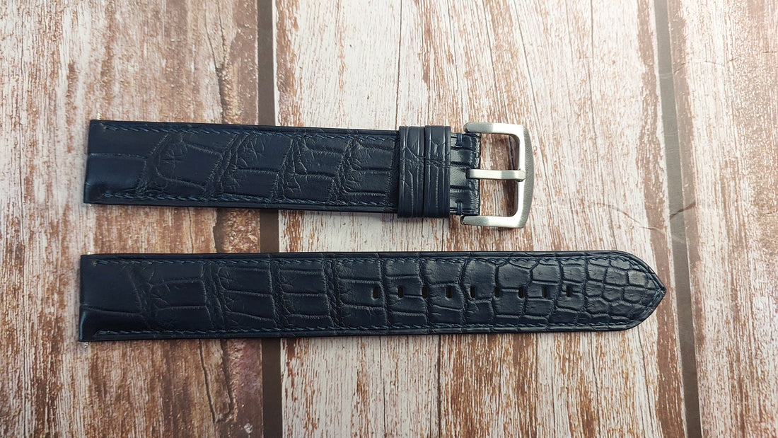 Dark Blue Full Grain Crocodile Leather Strap For Shinola The Runwell 47mm Watch