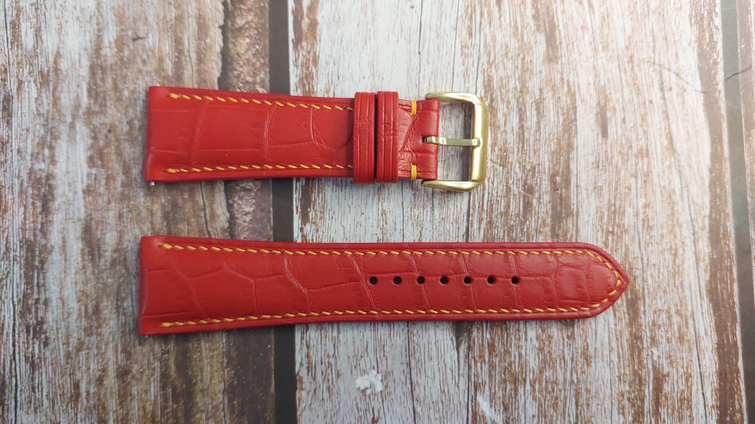 Red Full Grain Crocodile Leather Strap For Rolex Date 1505 34mm Watch