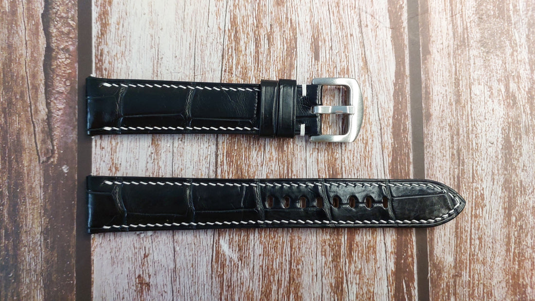 Black Full Grain Crocodile Leather Strap For Omega Seamaster 300 Chrono Watch