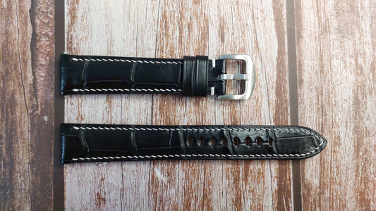Black Full Grain Crocodile Leather Strap For Omega Seamaster 300 Chrono Watch