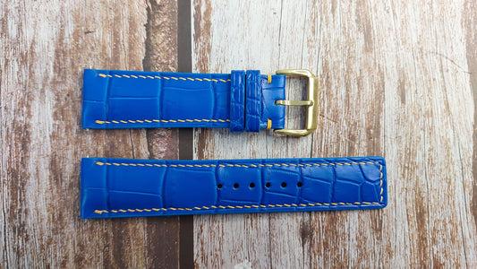 Blue Full Grain Crocodile Leather Strap For Gor Gold plated Movado Bold Watch