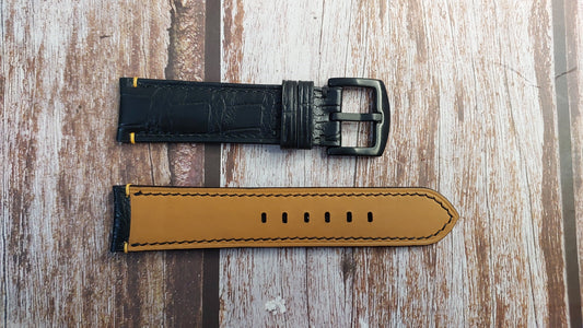 Black Crocodile Custom Curved End Watch Strap For Ulysse Nardin Diver Lemon Shark Watch