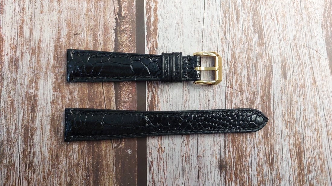 Black Full Grain Ostrich Leg Leather Strap For An Old Classic Gold Dial Omega Watch