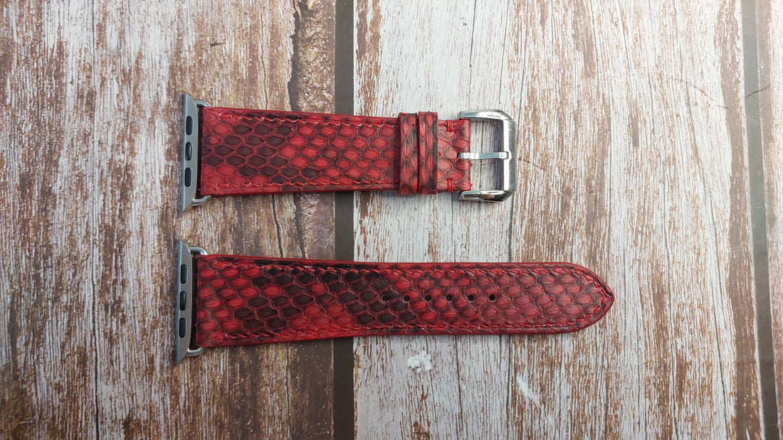 Red Full Grain Snakeskin Leather Strap For Apple Watch Series 8 (45mm)