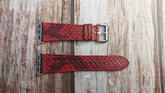 Red Full Grain Snakeskin Leather Strap For Apple Watch Series 8 (45mm)