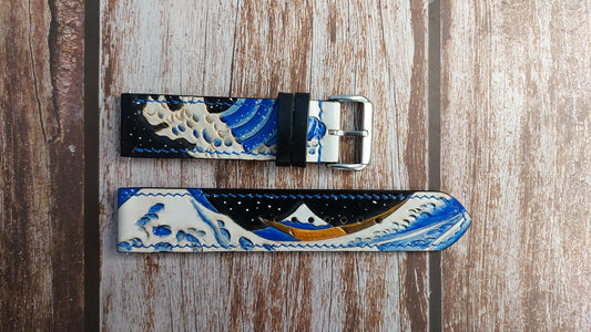 The Great Wave - Engraved Leather Watch Strap For Seiko Turtle Diver Watch