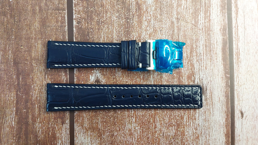 Dark Blue Full Grain Crocodile Leather Strap For Blue And White Bulova Lunar Pilot Watch