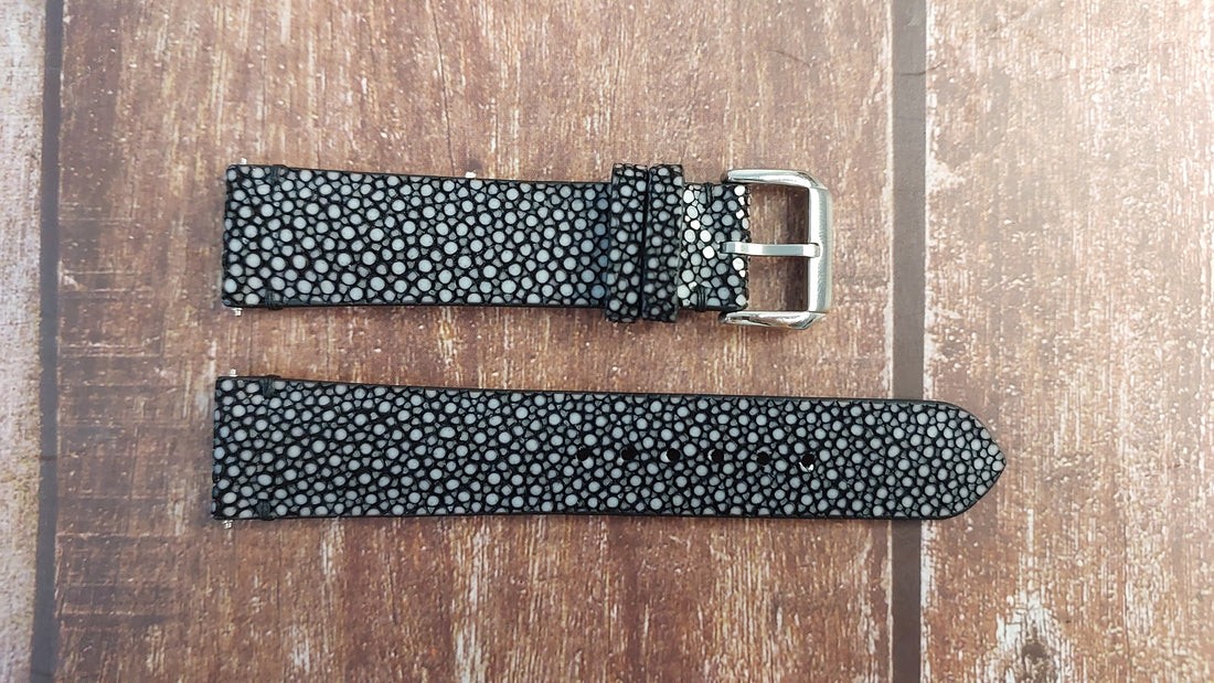 Black Full Grain Stingray Leather Strap For GS style case with white dial Watch