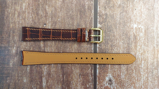 Reddish Brown Crocodile Custom Curved End Watch Strap For Vacheron Constantin Patrimony Ultra-Thin 7811, 33mm Vintage (1973) 18k Gold, Champagne Sand-blasted dial dress watch