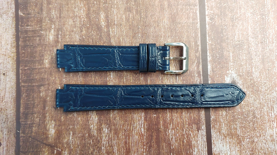 Navy Crocodile Leather Custom Notched Strap For SEIKO 5Y28-7159 Watch