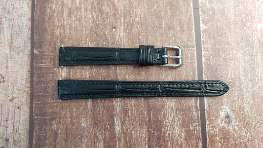 Black Full Grain Crocodile Leather Strap For Vintage gold Gruen Curvex Watch